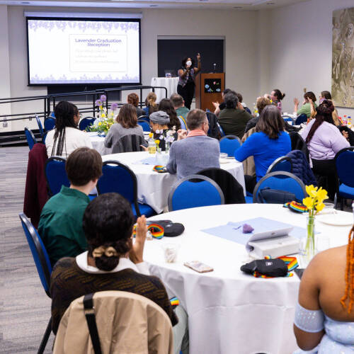 Lavender Graduation celebration 2025, tables full of graduates and their supporters